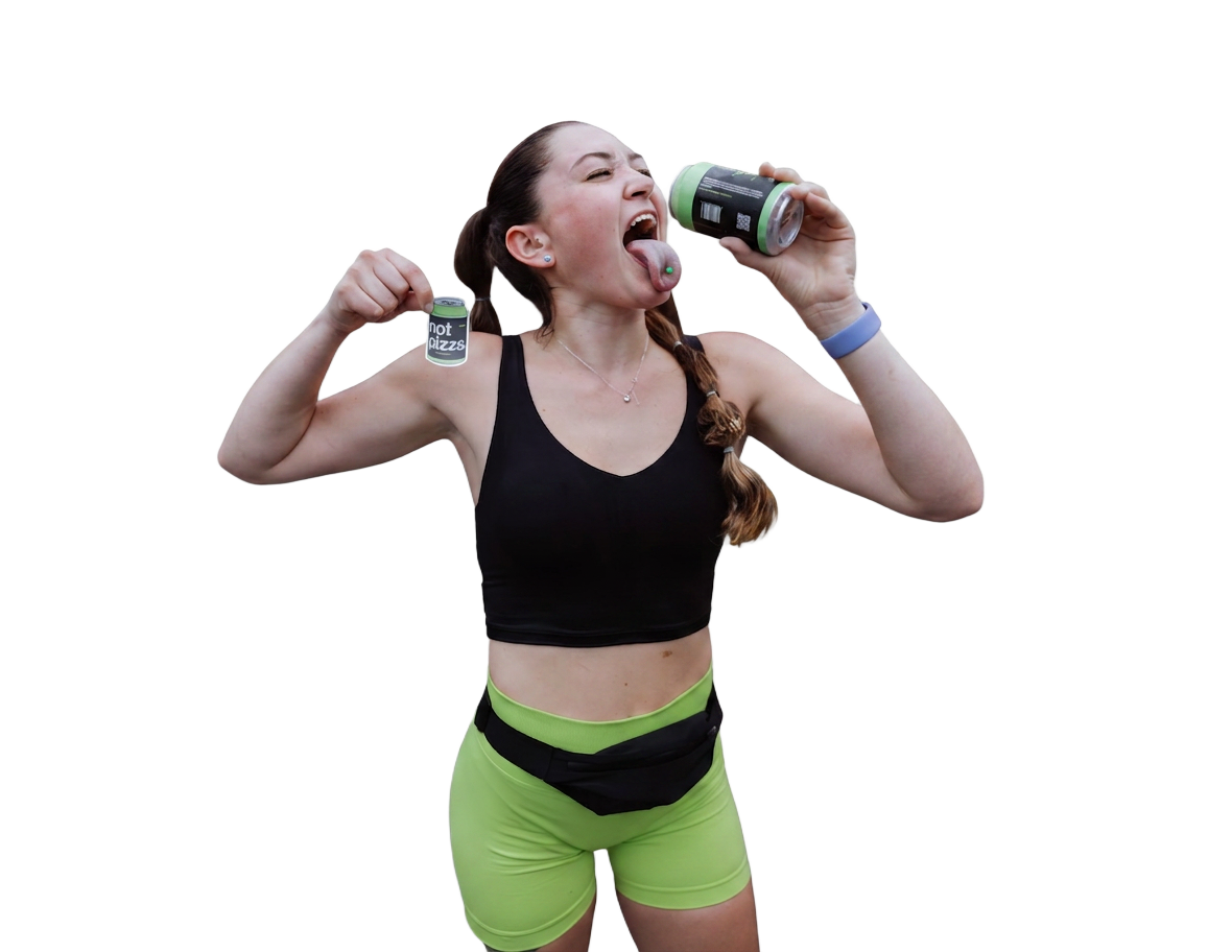 Woman in workout gear chugging a not pizza margarita can