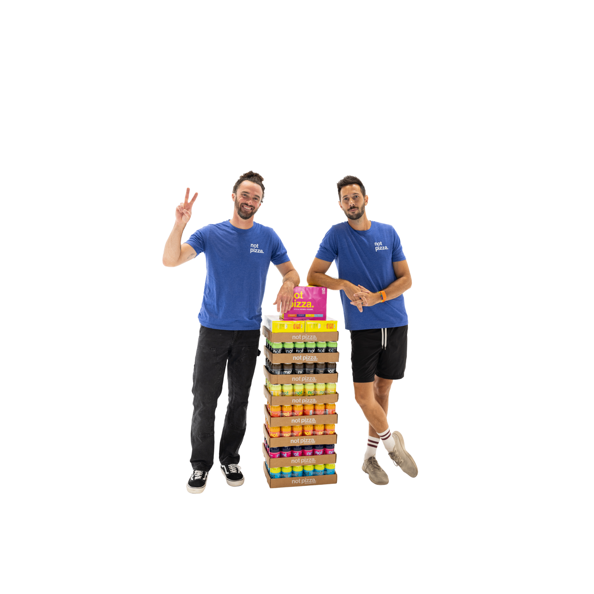 Not Pizza founders Luke O'Brien and Chris Lerch with a tower of variety packs