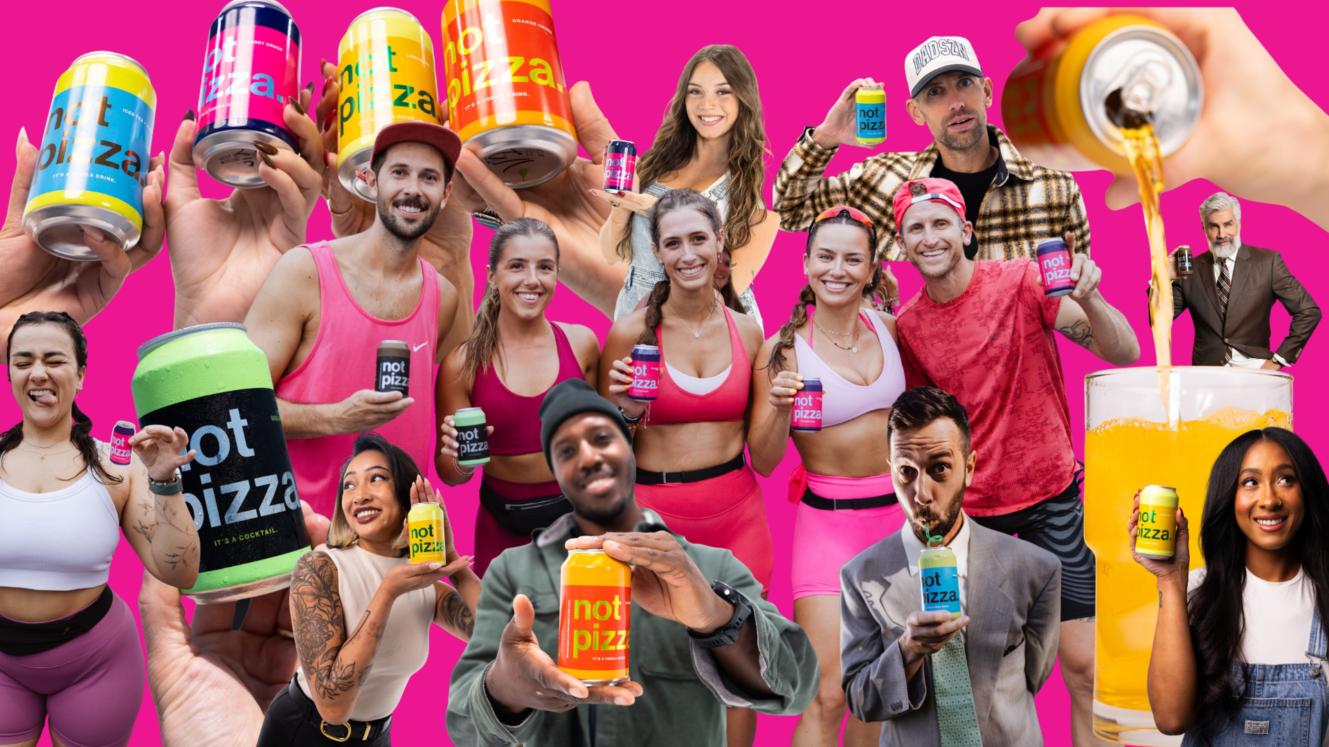 Group of friends holding not pizza drinks under a pink not pizza tent at an outdoor event